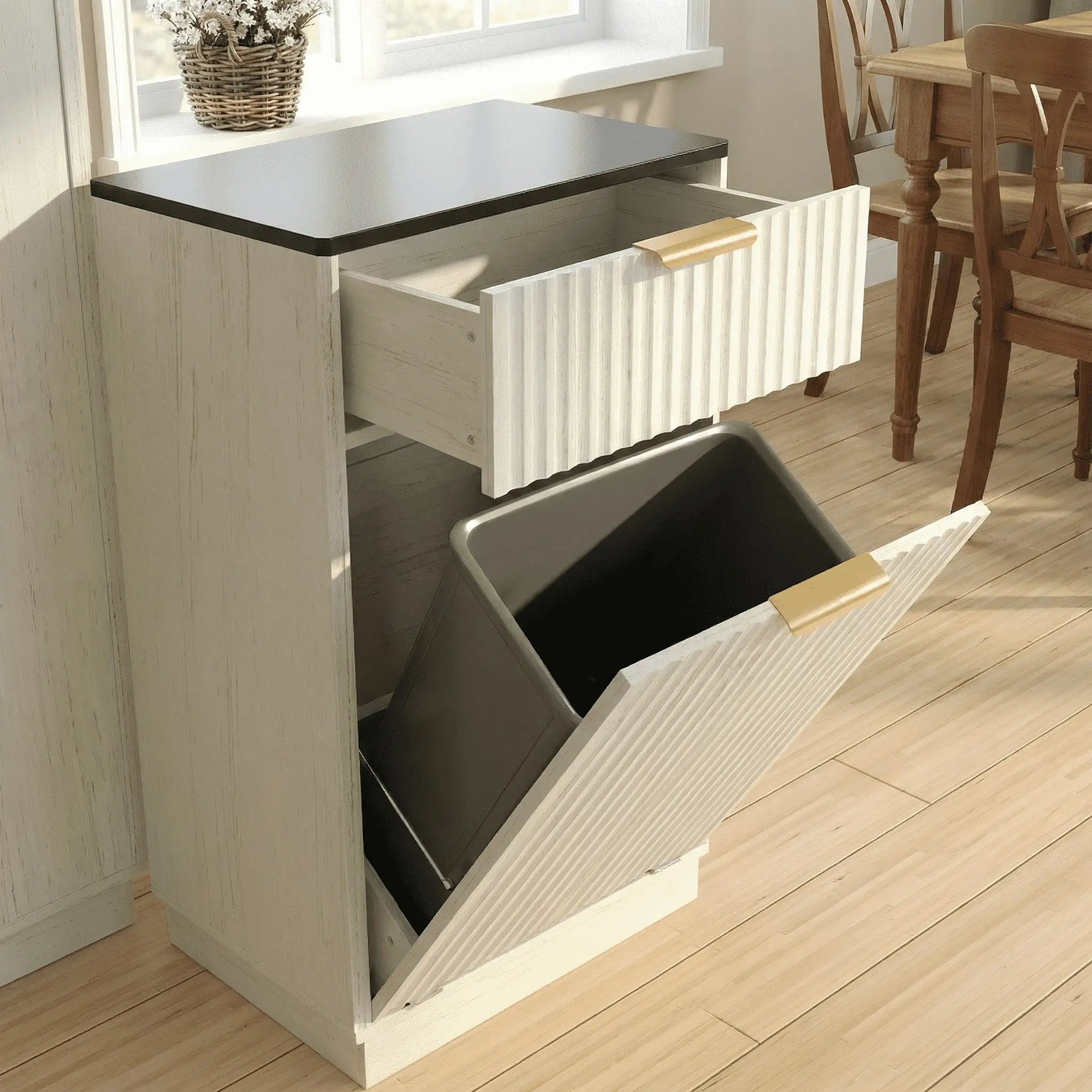 10-Gallon Tilt-Out Trash Can Cabinet, Woodgrain Hideaway Garbage Recycling Cabinet With Wave-Textured Drawer And Pull-Out Bin For Kitchen,Living Room