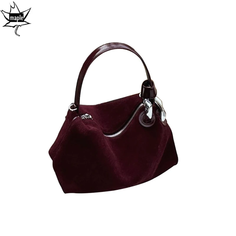 Chic Deep Wine Red Coffee Color Winter Daily-use Tote Luxury First-class Nubuck Leather Women Shoulder Crossbody Bag Chamois