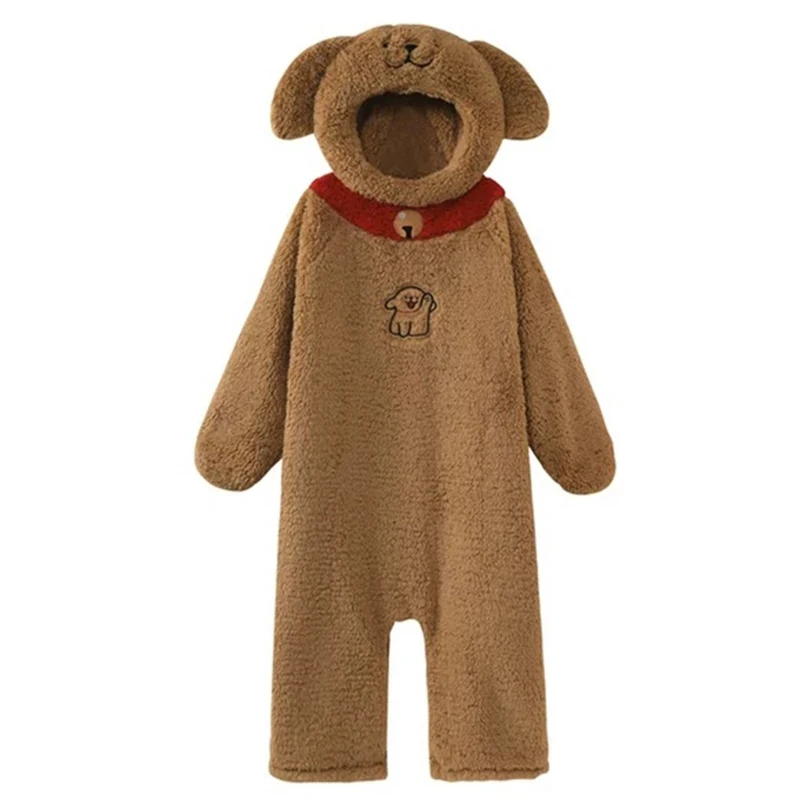 Winter Cartoon Brauner Hund Kapuzen Strampler Pyjamas Kigurumi Unicron Niedlich Langarm Reißverschluss Plüsch Neuheit Onesie Nachtwäsche Slipper – Detail 4