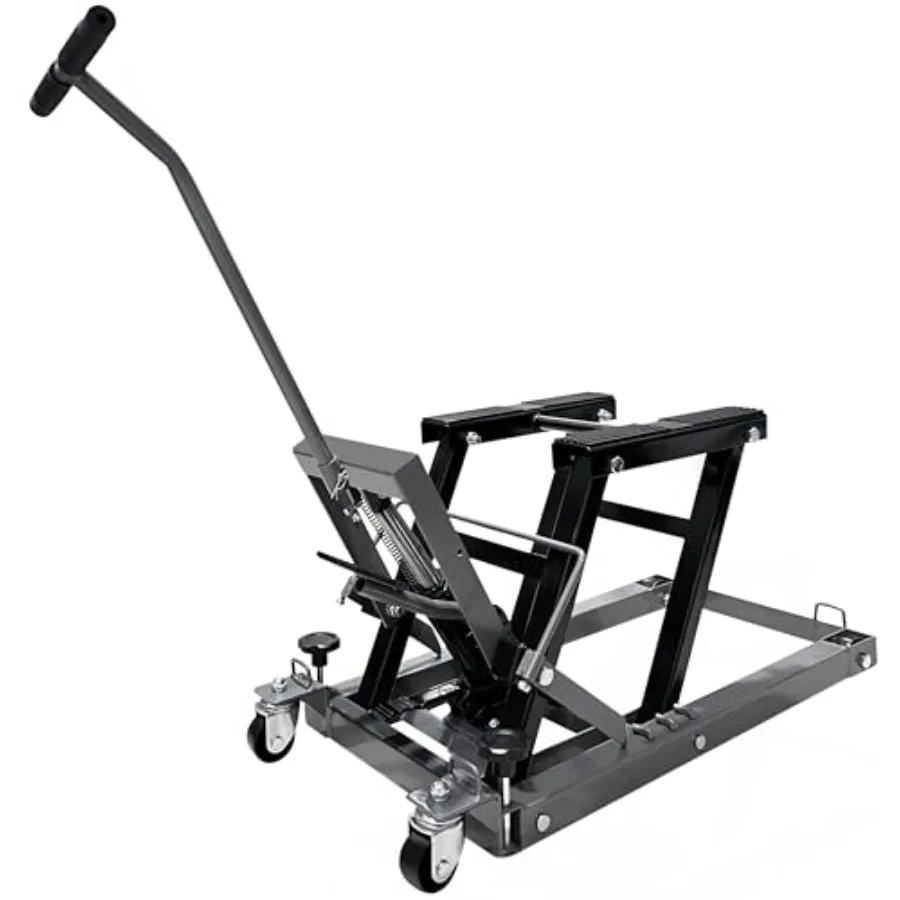 

Motorcycle ATV UTV scissor lift jack for garage use, steel construction, black finish, foot-operated with 4 locking heights and
