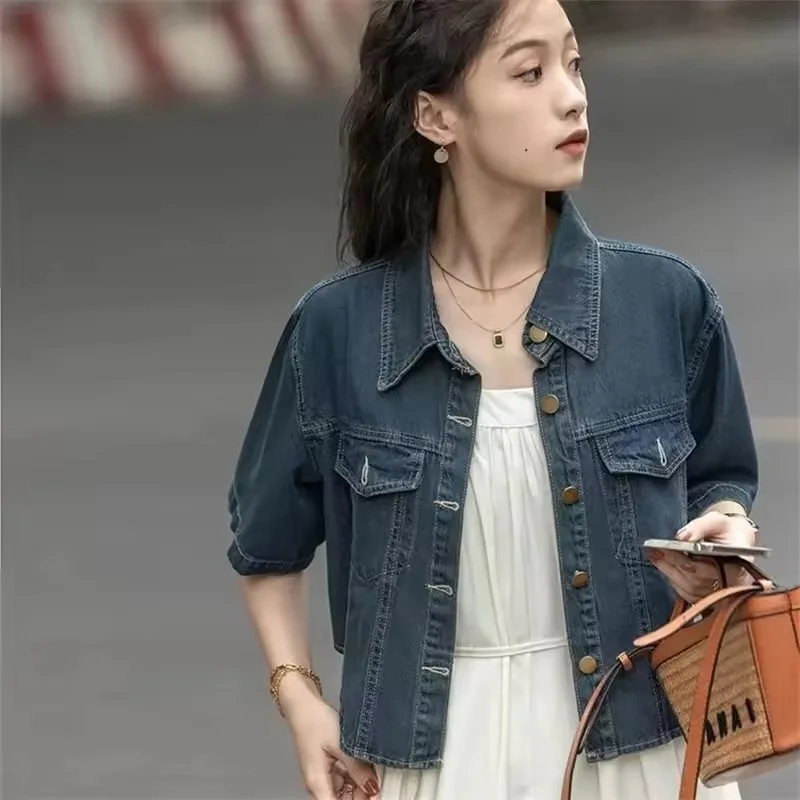 

Retro Denim Shirt Girl Women Summer New 2025 Thin Overcoat Loose Fashion Jackets Joker Lazy Wind Female Outerwear Short Tops