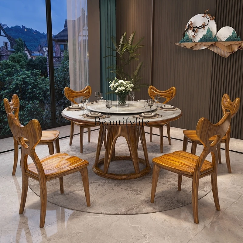European Ebony Solid Wood Dining Table Modern Simple Round Marble Dining Table with Turntable