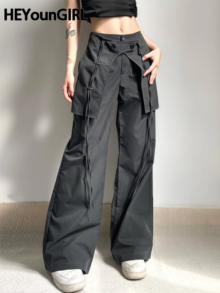 HEYounGIRL Patchwork Ribbon Hem Cargo Pants Low Waist Gray Hippie Dancer Wide Leg Pants Y2K Grunge Loose Trousers Korean Casual