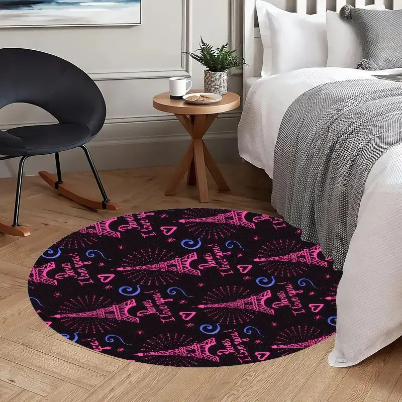 Paris Love Eiffel Tower Round Rug Flannel Soft Non Slip Mat Living Room Bedroom Decor Gift For Her Valentine Day Romantic Home