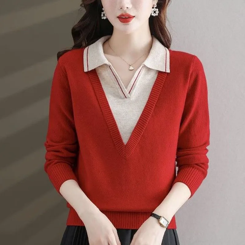 Spring and Autumn Fashion Trend Polo Collar Color Matching Versatile Loose Fake Two Piece Westernized Women\'s Knitted Sweater