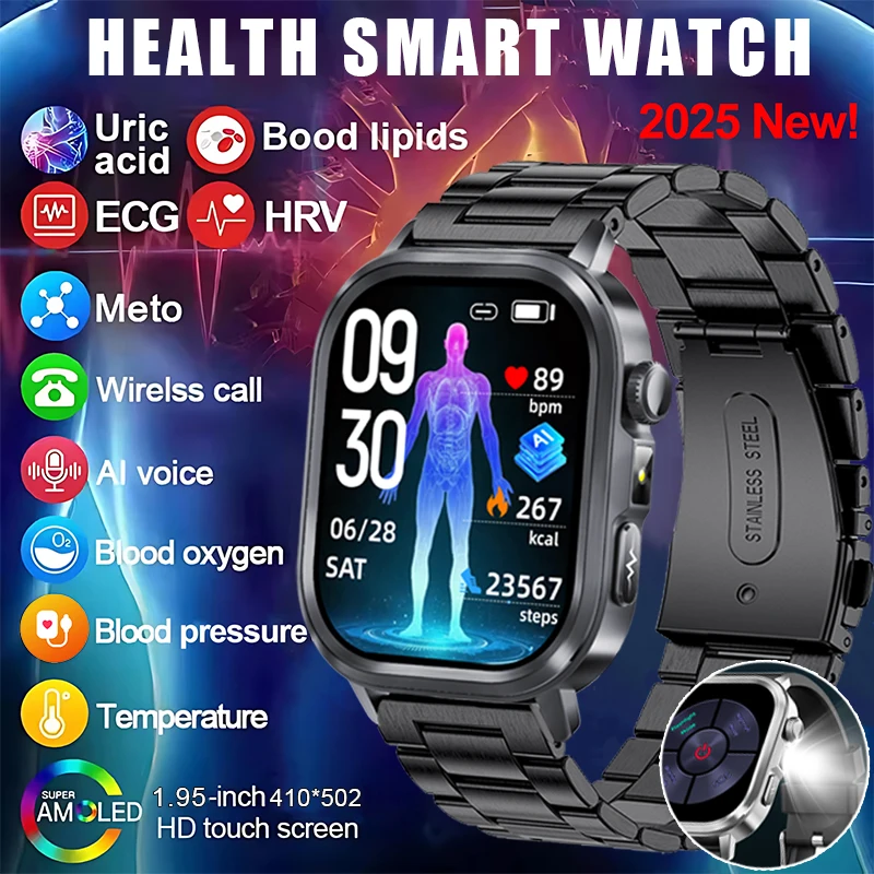 

2025 New Health Smart Watch Men Flashlight ECG Blood Pressure Lipid Uric Acid Sports Modes Intelligent Q&A BT Call Smart Watch