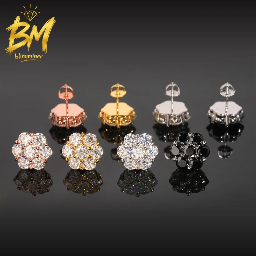 Blingminer 15mm Flower VVS Moissanite Earrings For Men Women S925 Silver Ear Studs Jewelry Pass Diamonds Tester GRA Free Shippin