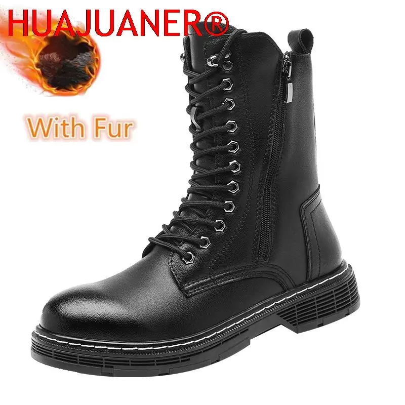 

Side Zipper High Ankle Boots Men Casual Footwear Punk Leather Boots for Men Winter Fur Warm Stylish Men Motorcycle Boot Big Size