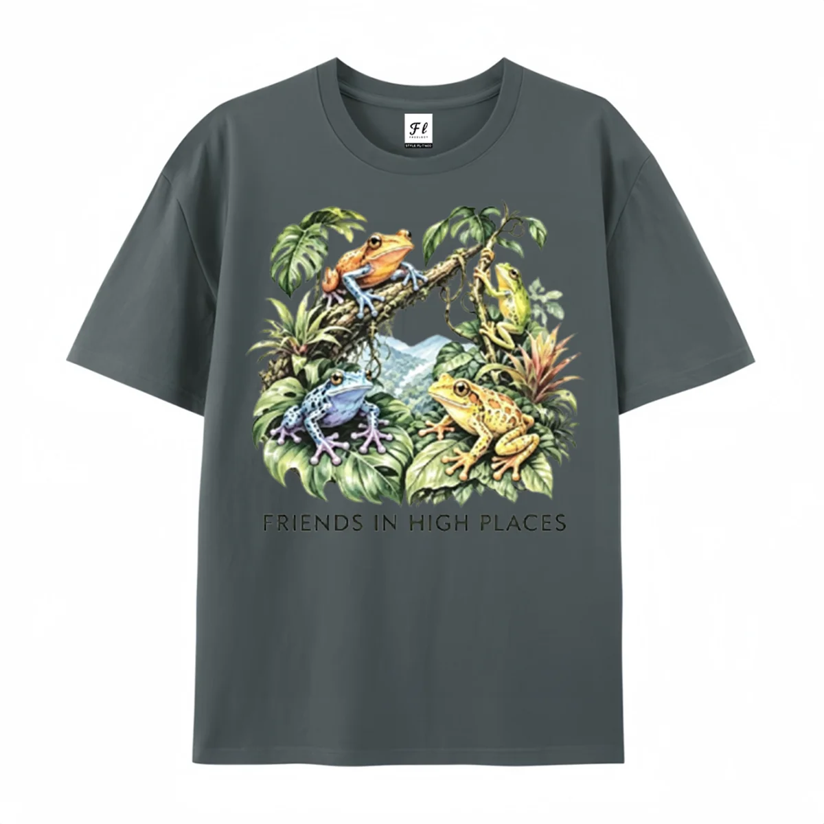 Friends In High Places Graphic T‑Shirt Colorful Tropical Tree Frogs Rainforest Jungle Plant Vintage Watercolor Print Casual Tee
