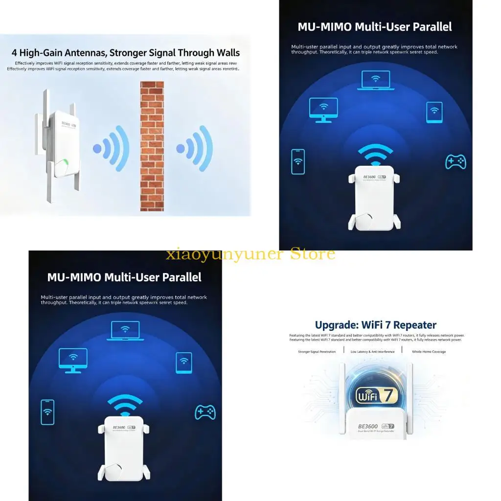 P9JB Broad Household Coverage WiFi 7 Extender with 2.4GHz 5GHz Design, Four Antennas and Direct Outlet-Mount Installation for