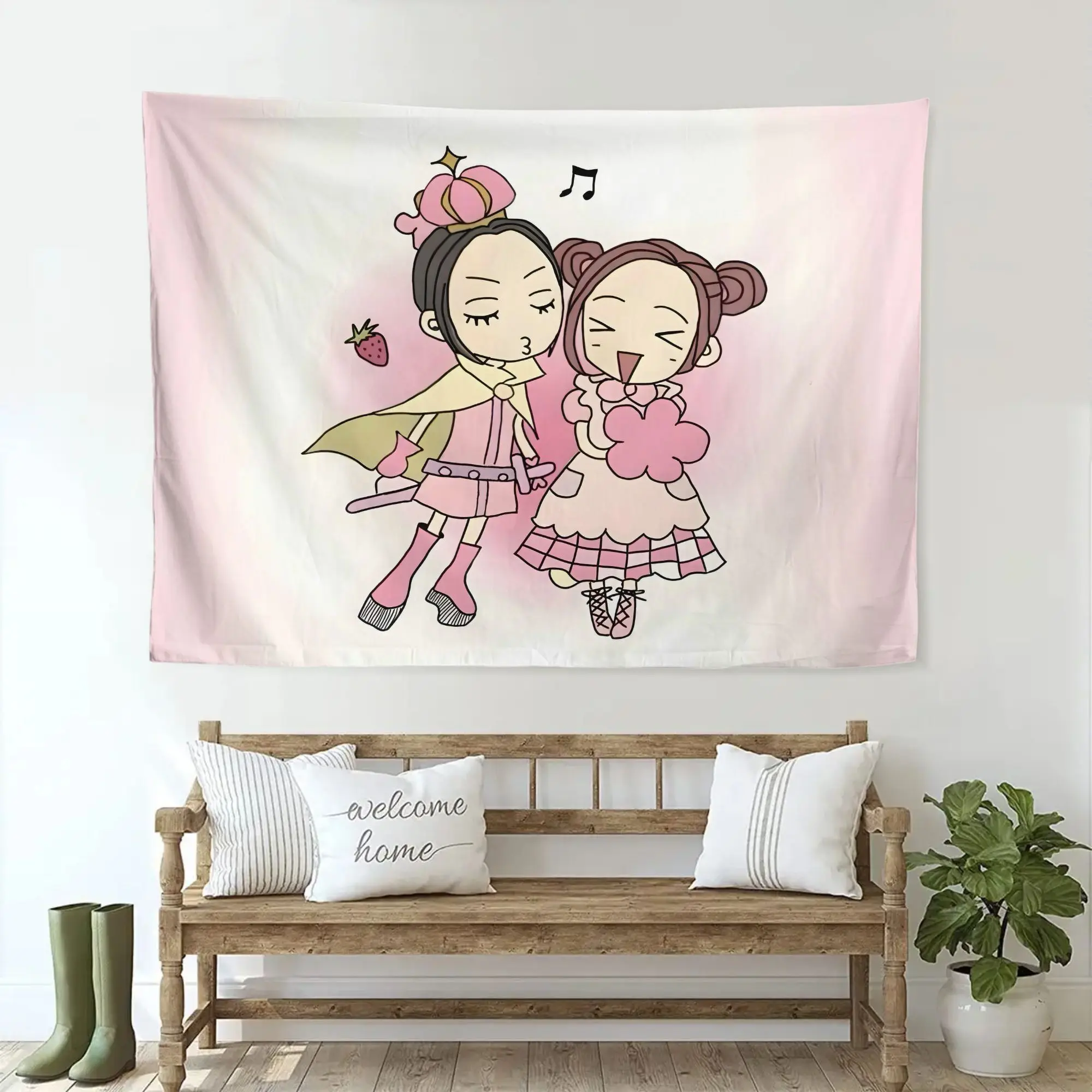 Cute Anime Girls Tapestry Kawaii Cartoon Wall Art Pastel Pink Decor Bedroom Nursery Room Decoration for Kids and Teens