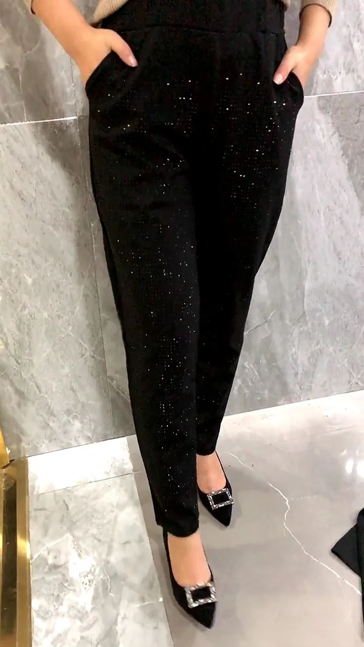Hot Rhinestone Casual Pants Women Fashion Pocket Elastic Waist Loose Black Harem Pants 2022 Fall Winter Sweatpants Oversized 7xl