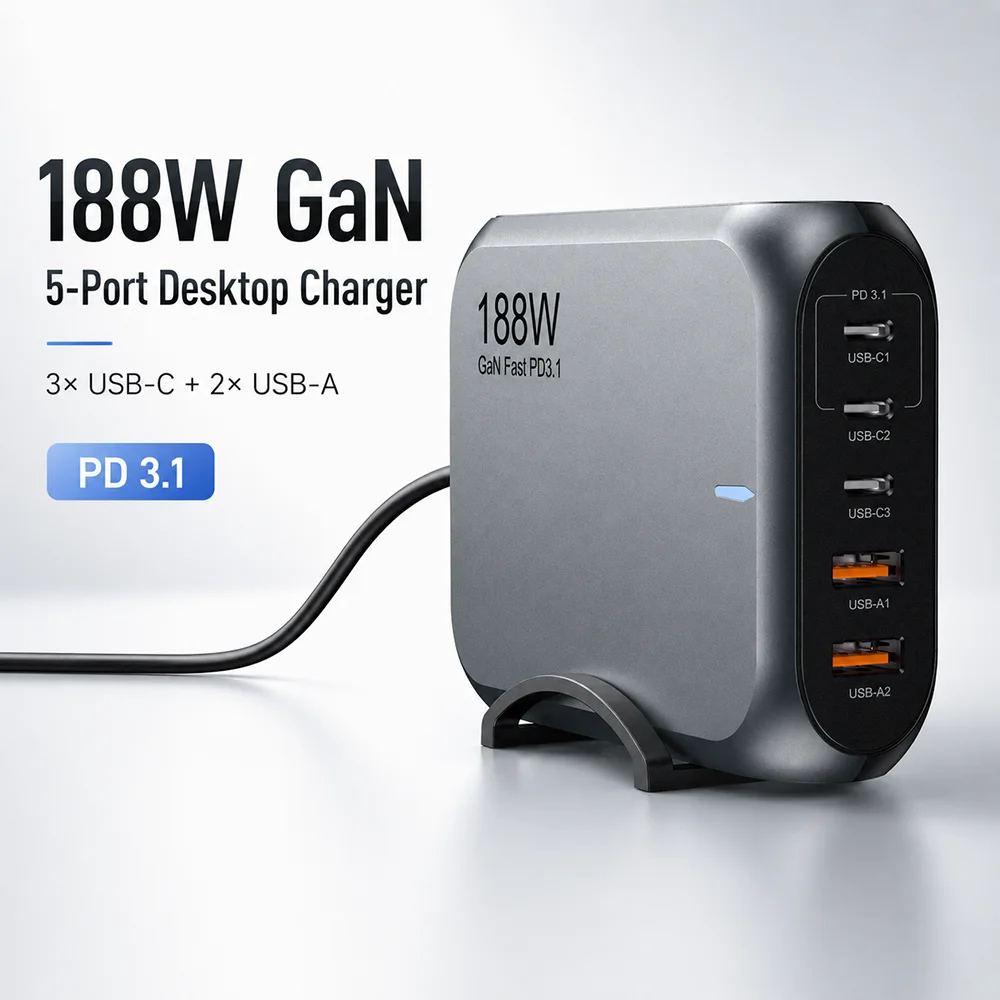 UGOjP 188W GaN Charger PD 3.1 5 Port Desktop Fast Charging Station 3 USB C 2 USB A for Laptop MacBook iPhone Samsung Tablet