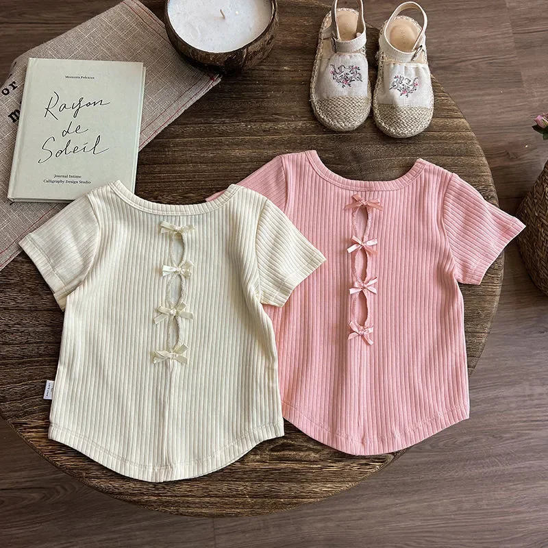 T-shirt for Kids Girl 2-7 Years Old Solid Colour Back Cutout Top Summer Baby Girls Fashionable Versatile Short-sleeved T-shirt
