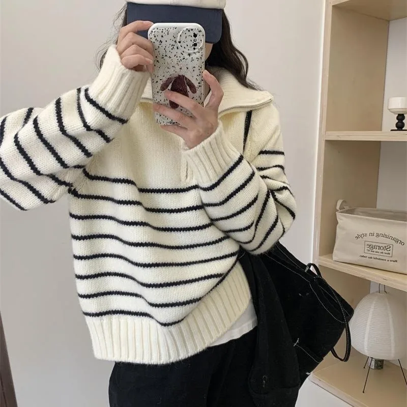 

Autumn Winter Fashion Striped Pullover Sweater Women Knitted Shirts Female O-neck Knitwear Long Sleeve Casual Sweaters Knit Tops