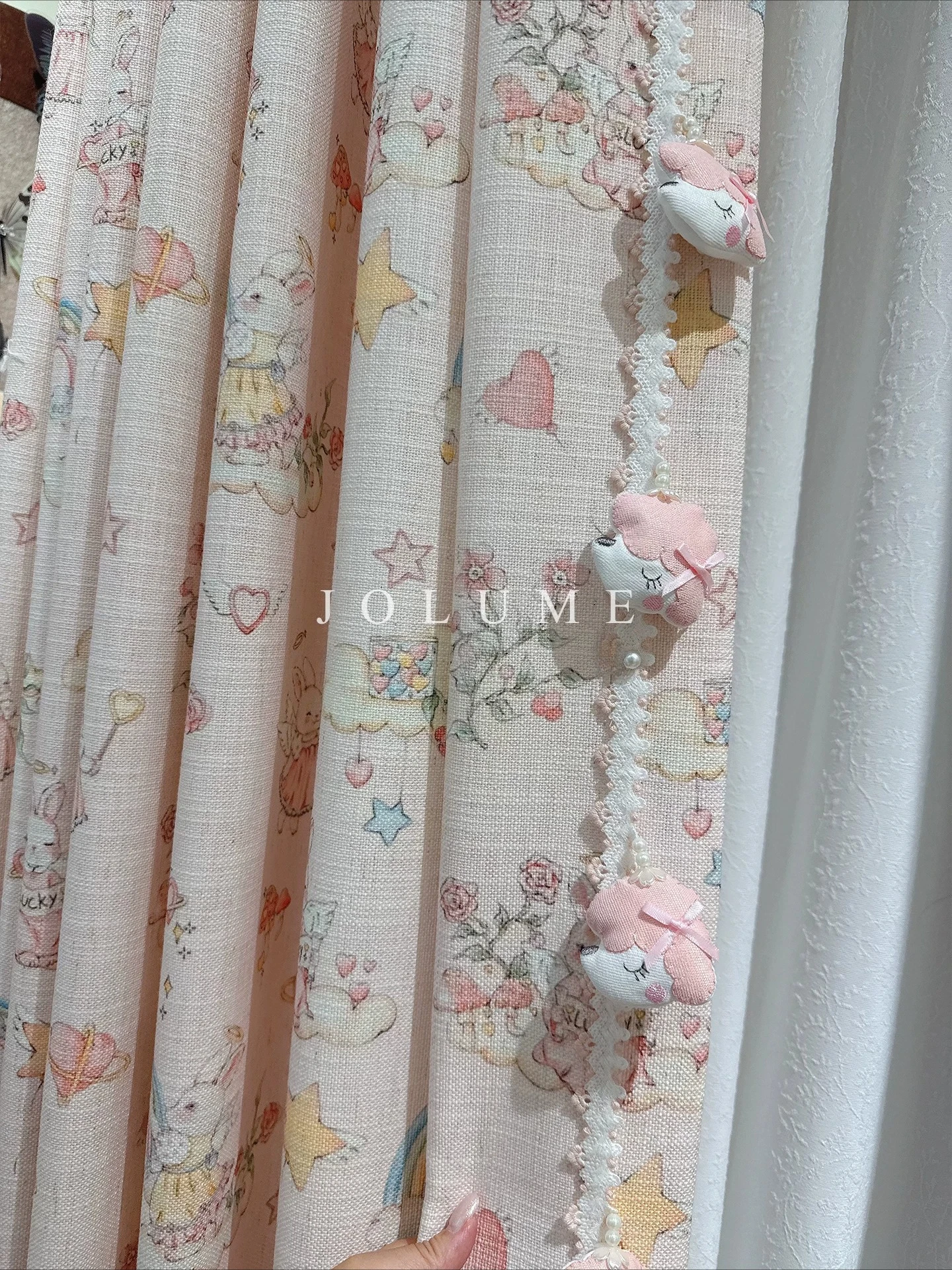 Korean Cartoon Cute Rabbit Pink Printing Curtains for Living Room Bedroom French Window Customized Finished Partition Curtain