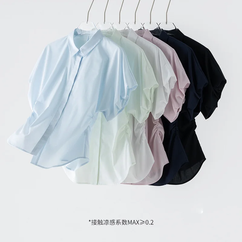 

Women Bud Sleeve Pleated Waist Shirts, Spring Summer Polo Collar Single Breasted Short Sleeve Elegant Shirt