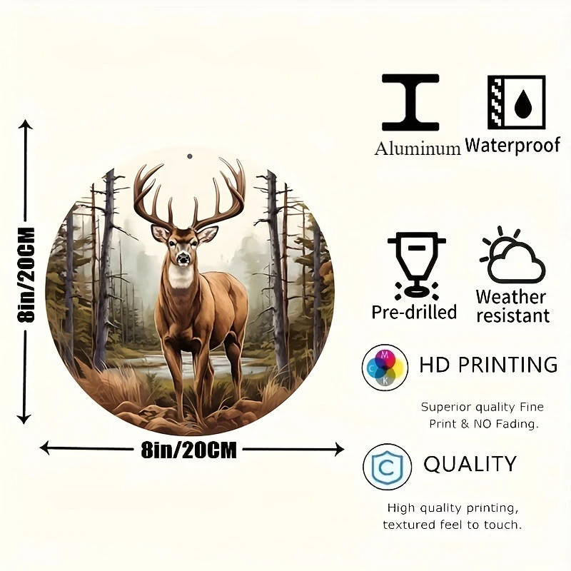 2D Flat - 1pc 2D Flat Printed 20.32cm X 20.32cm Round Metal Sign Featuring a Deer Buck Surrounded by a Forest Wreath - 1pc Elect