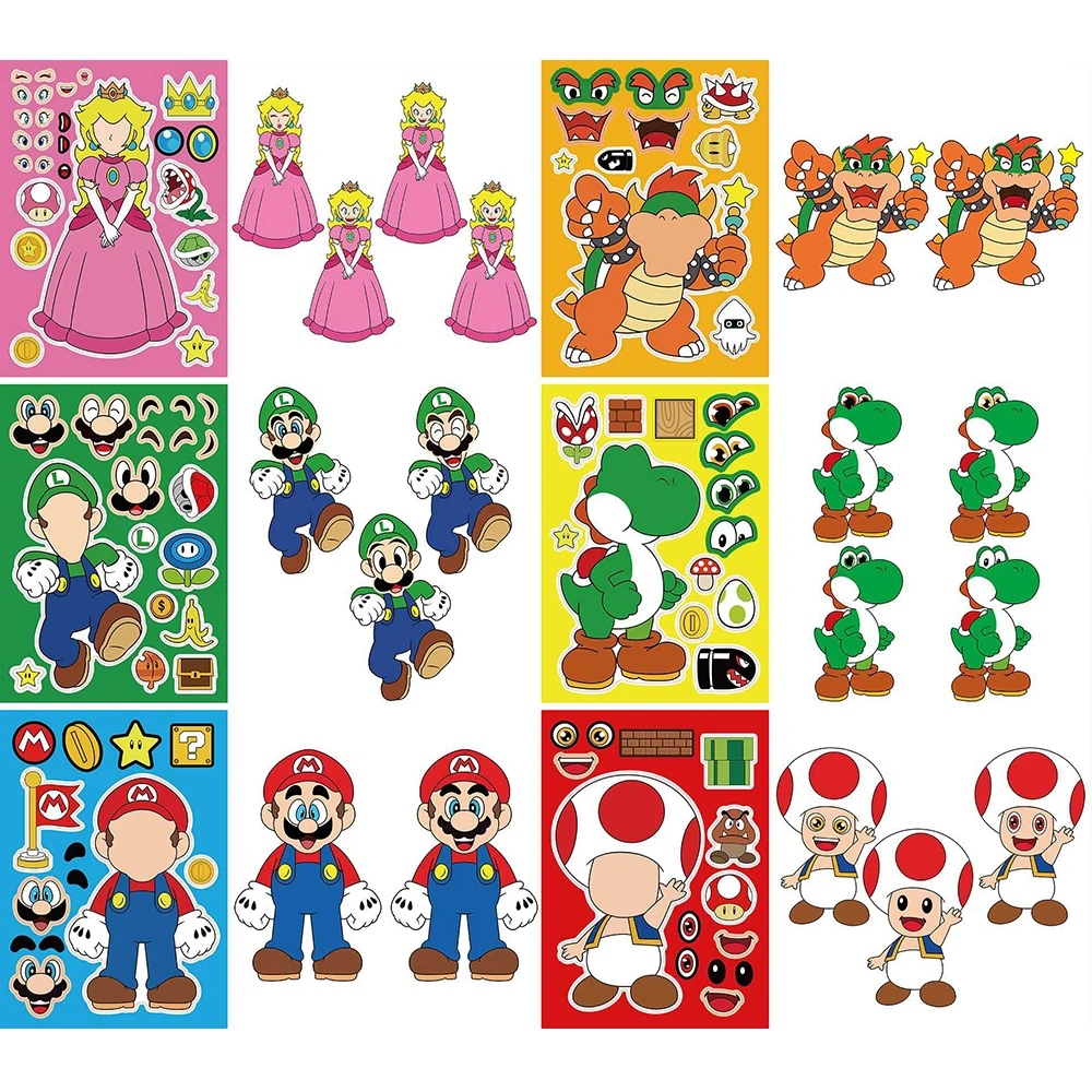 Kawaii Mario Puzzle Stickers Princess Luigi Cartoon Anime Luggage Skateboard Notebook Decals Decoration Kids Toys Birthday Gifts