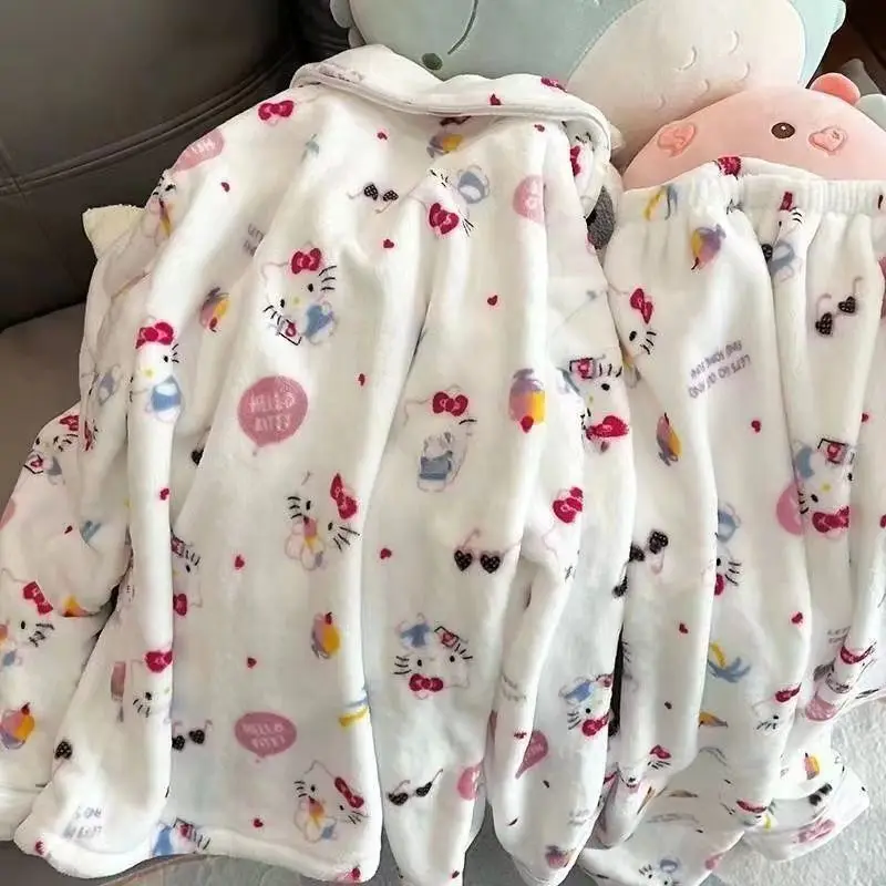 

Cozy Pajamas Hello Kitty Girls Flannel Long Sleeve Pants Set Cute Cartoon Student Loose Home Clothes Fashionable Feminine Simple