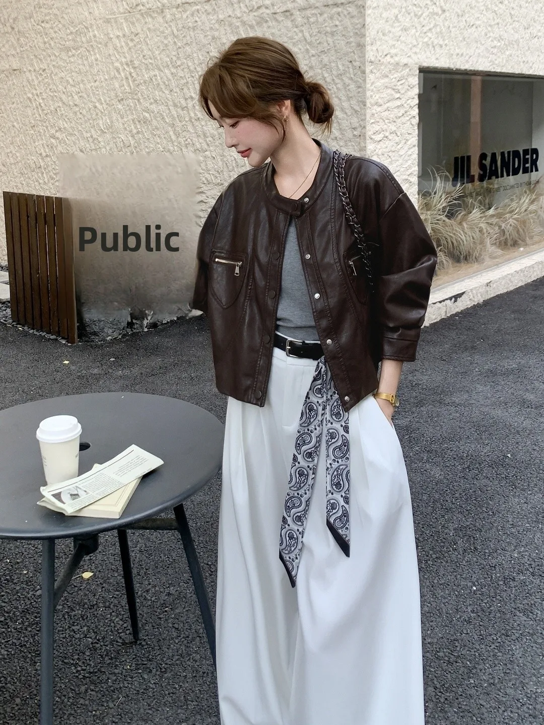 

Stylish Short Leather Jacket Women's Spring Autumn New Retro Biker Coat Simple Fashion Cool Youth Long Sleeve round Neck