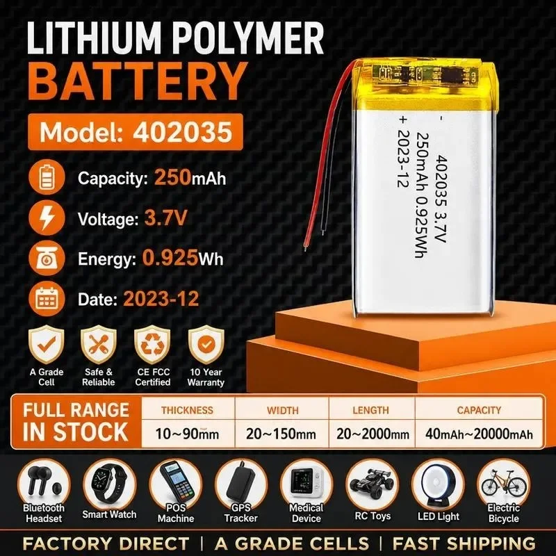 [New] 100pcs Polymer lithium battery 402035 250mAh Bluetooth headset speaker beauty instrument LED light 3.7V