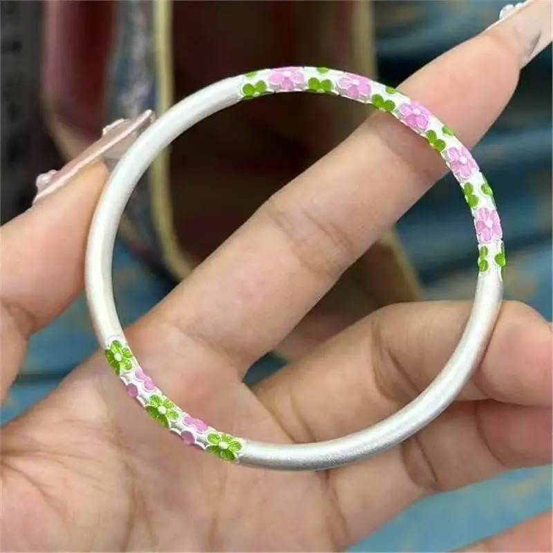 

9999 Bracelet Women, Ancient Method Bangle, Enamel Color Plum Blossom Style Closed Silver Br