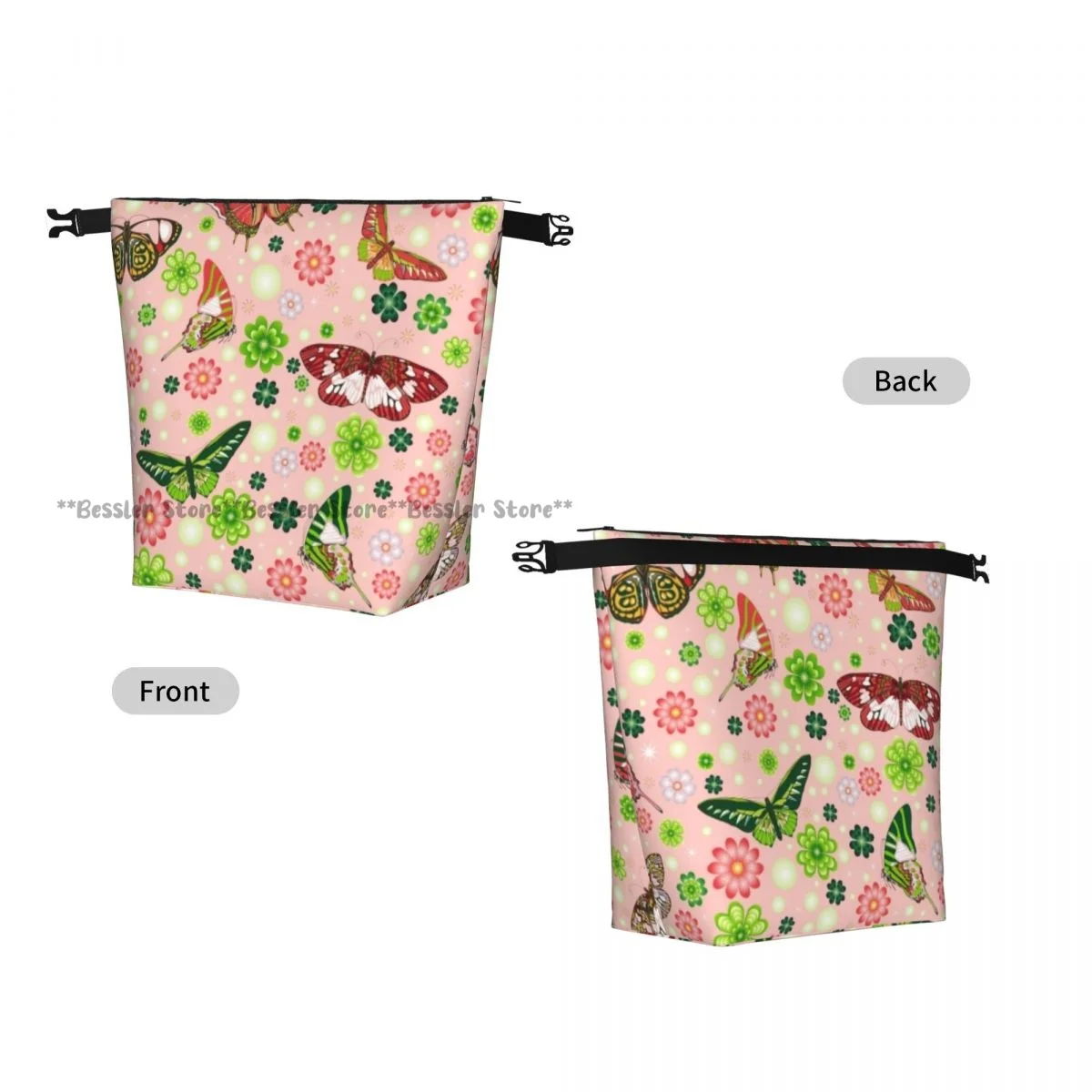 Roll-Top Insulated Lunch Bag Butterflies Flowers Shamrocks Botanical Print Thermal Bento Box Bag Portable Cooler Bag for Picnic