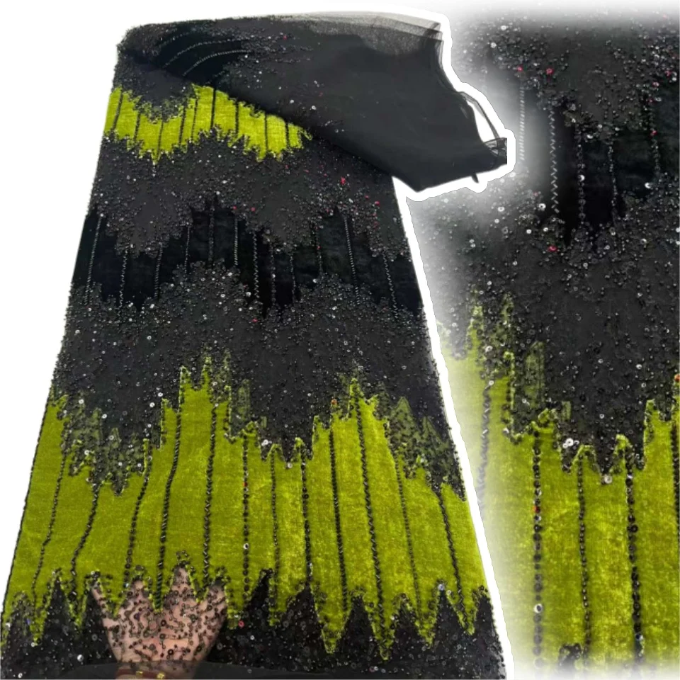 African Beaded Groom Lace Fabric High Quality French Mesh Lace Fabric Sequins Nigerian Lace Fabrics For Wedding Dress Sew AH1559