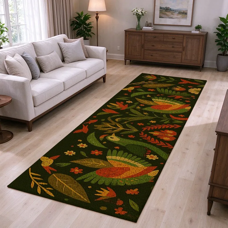 1 Piece Natural Fiber vintage Folk Art Bird and Floral Rug, Soft and Comfortable, All Seasons, lightweight Easy Maintain, Home Decor, Living Room, Bedroom, Entryway, Autumn, Winter