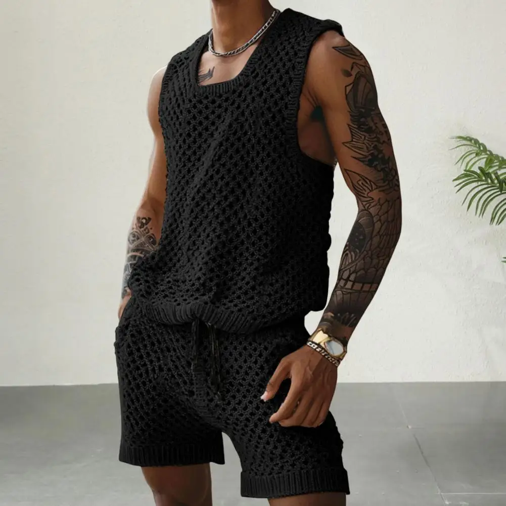 Casual Outfit Men's Casual Sleeveless Knit Top Drawstring Shorts Set Comfortable Elastic Waist Wide Leg Shorts Outfit for Daily