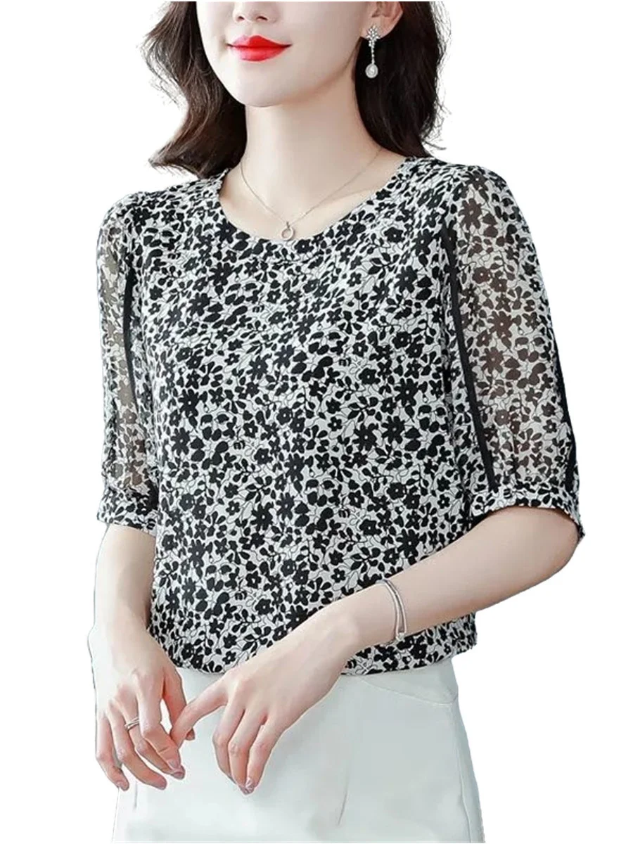 4XL Women Spring Summer Blouses Shirts Lady Fashion Casual Short Sleeve O-Neck Collar Flower Printing Blusas Tops G2198