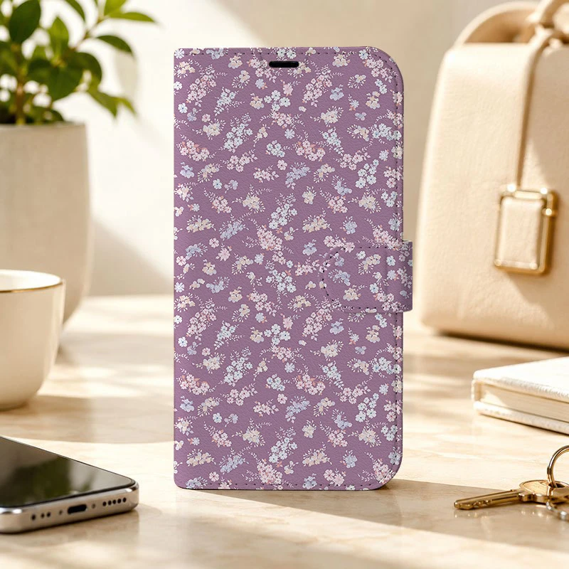 Purple Floral Pattern 2D Flip Cover Artificial Leather Phone Case for Samsung S26 S25 S24 S23 S22 A55 A36 with Foldable Stand