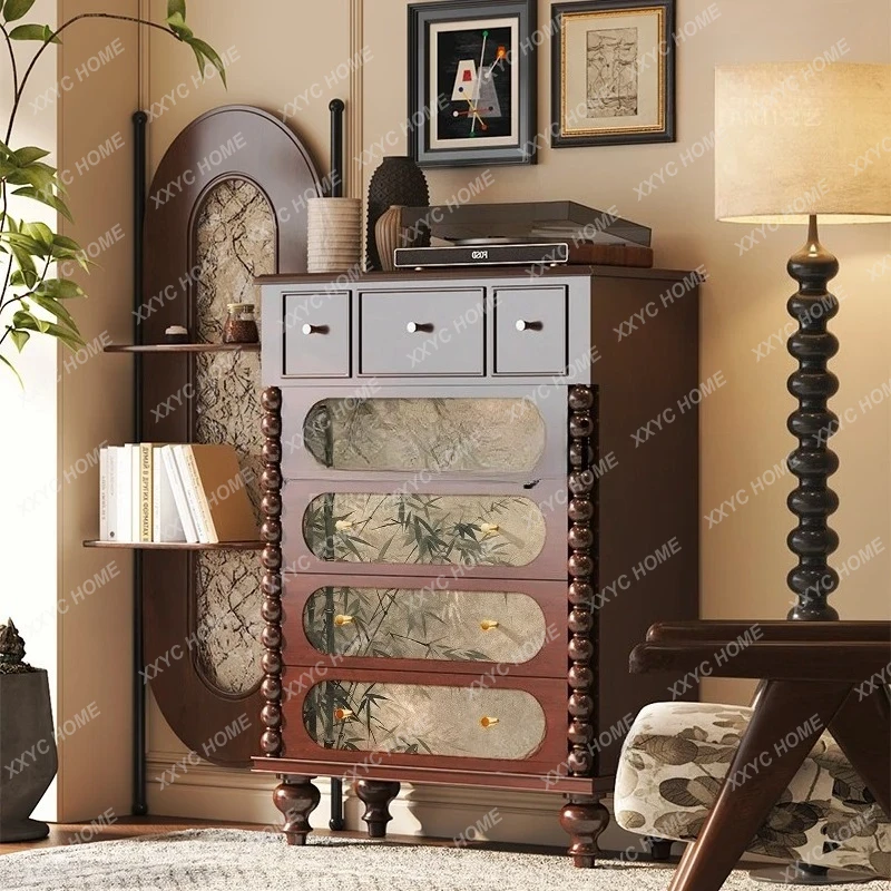 

Vintage Style Entryway Drawer Cabinet Bedside Solid Wood Five-Drawer Cabinet Living Room Multi-Functional Storage Cabinet