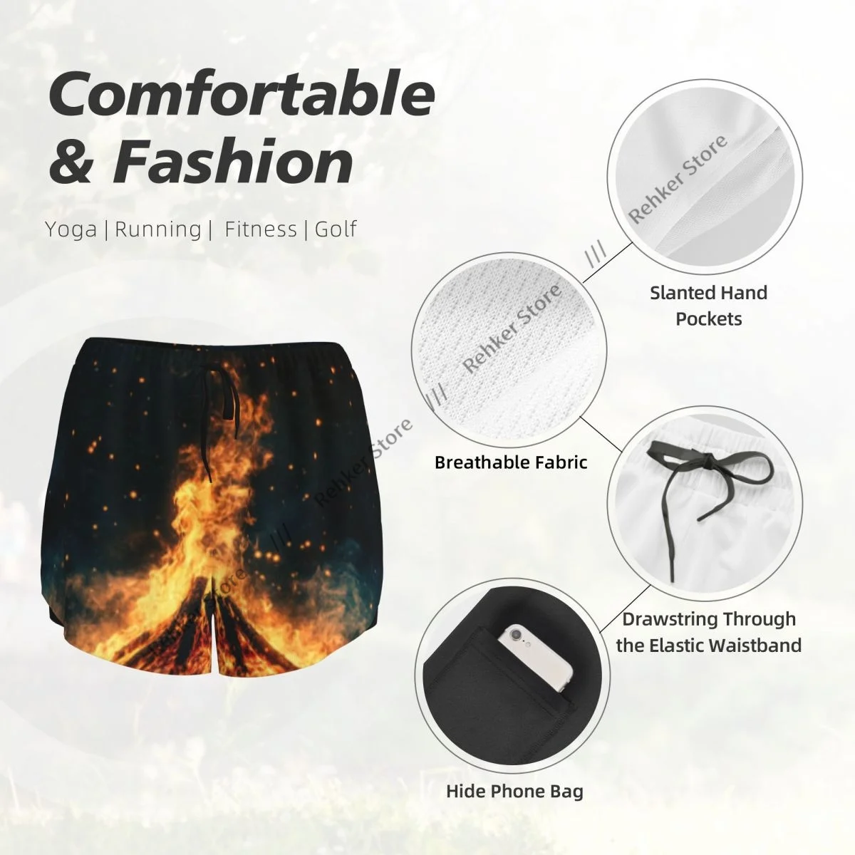 Yoga Shorts for Women Fitness Shorts Biker Workout Running Sports Shorts Crackling Campfire Quick Drying Sportwear With Pocket