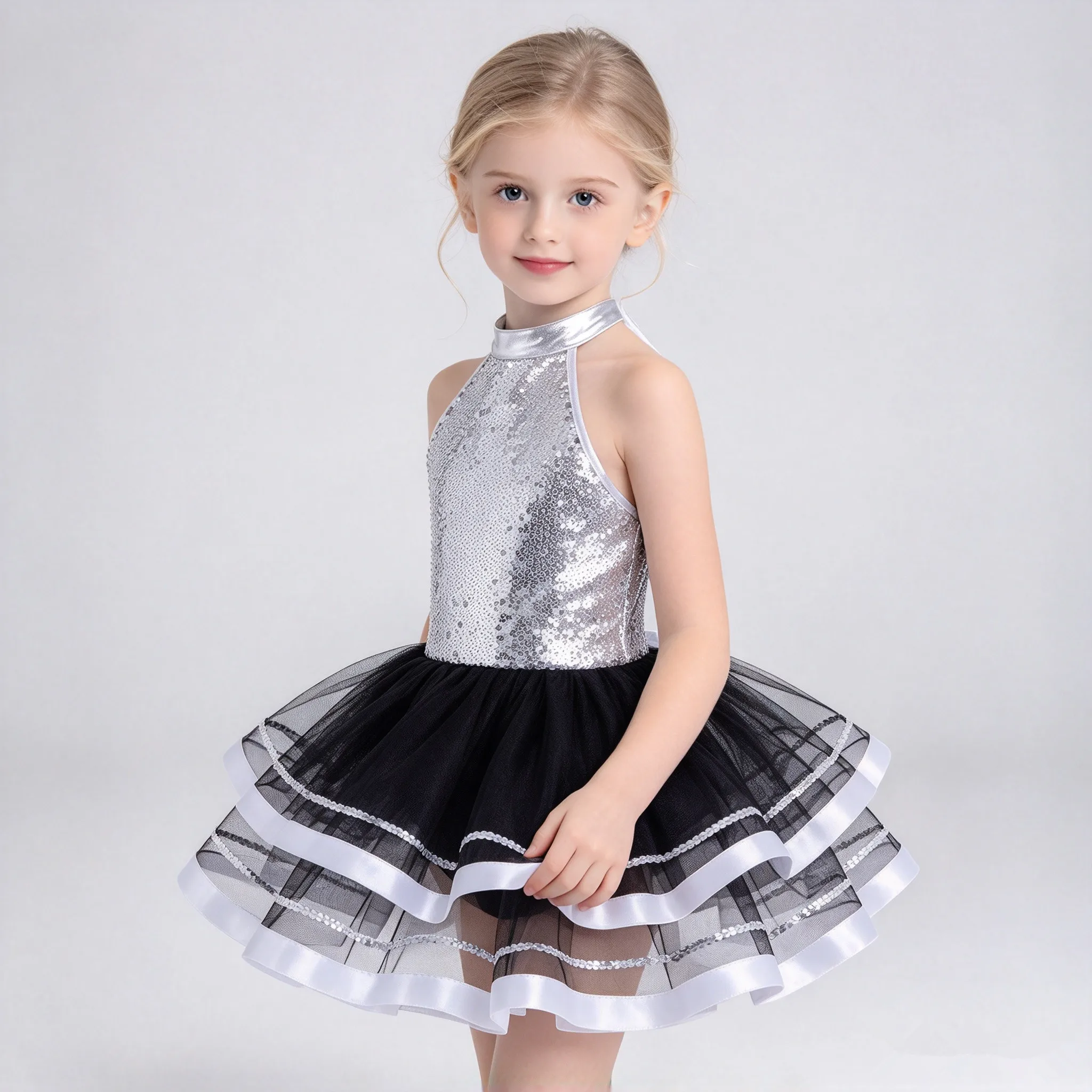 Kids Girls Ballet Latin Dance Leotard Costume Jazz Ballroom Stage Club Dance Sparkling Sequin Ballet Tutu Mesh Dance Dress
