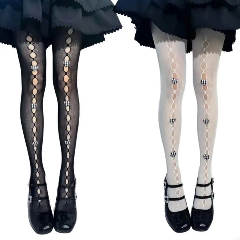 HX6F Womens JK Girls Sweet 3d Heart Bowknot Pantyhose stockings Aesthetic Vintage Hollow Out Hole Fishnet รัดรูป