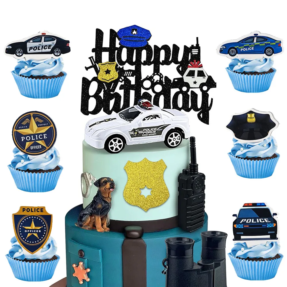 Decoración de pastel de feliz cumpleaños de policía, adorno para magdalenas con temática de policía, fiesta de cumpleaños para niños y niñas, decoración de globos de coche para fiesta de policía