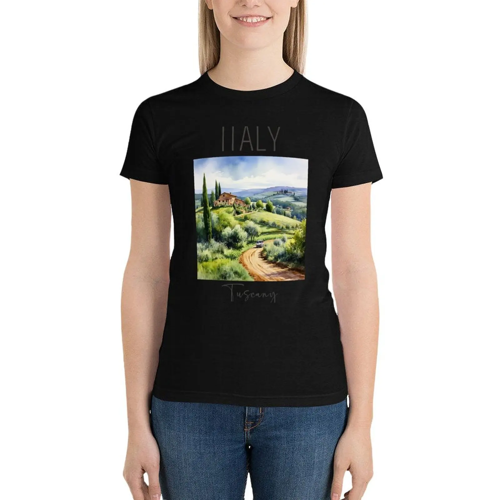 A Watercolor Design of the Tuscany Region - Italy T-Shirt summer top customizeds vintage white t shirts for Women