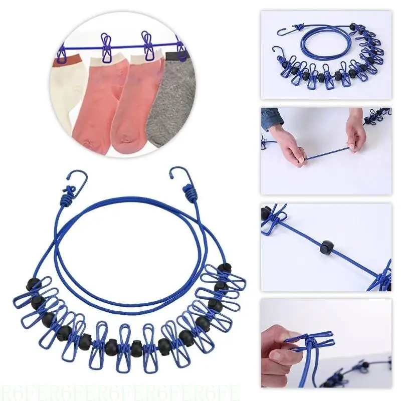 

652F Adjust able Retractable Airer Wind proof Rope with 12Clip, Stretch Clotheslines ElasticsClotheslines Travel Washing Line