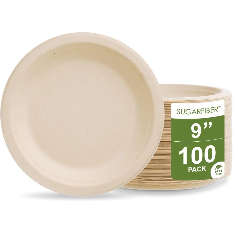

[100 COUNT] PFAS FREE 9-дюймовые круглые одноразовые компостируемые бумажные тарелки Эко сверхпрочная натуральная тарелка Bagasse Биоразлагаемая обеденная тарелка