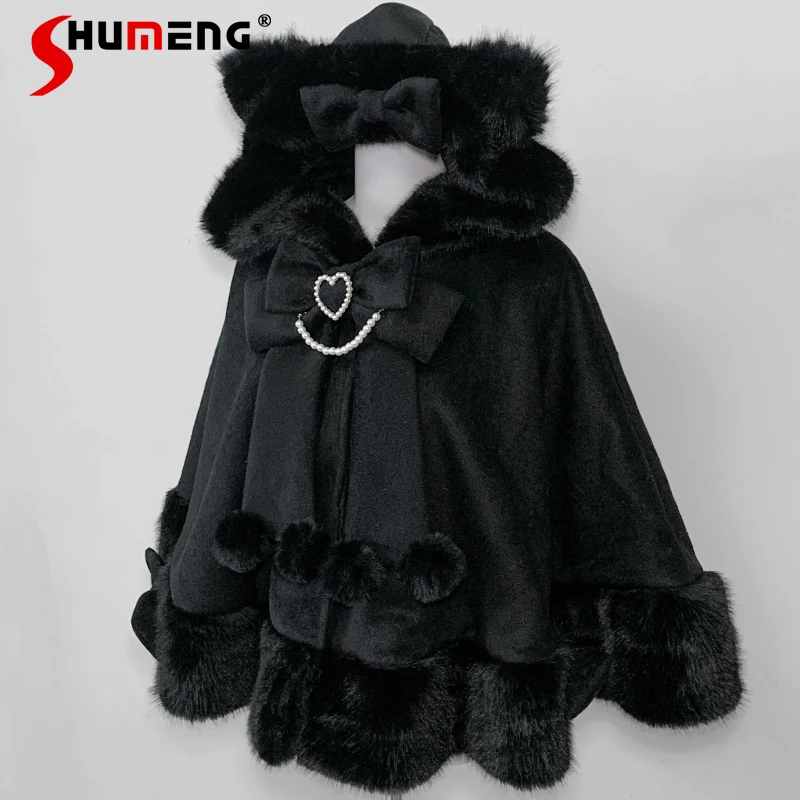 아름다운 로지타 Y2K 판초 대량 생산 20% 울 플리스 안감 만화 귀 케이프 코트 가을 따뜻하고 부드럽고 편안한 여성용 망토