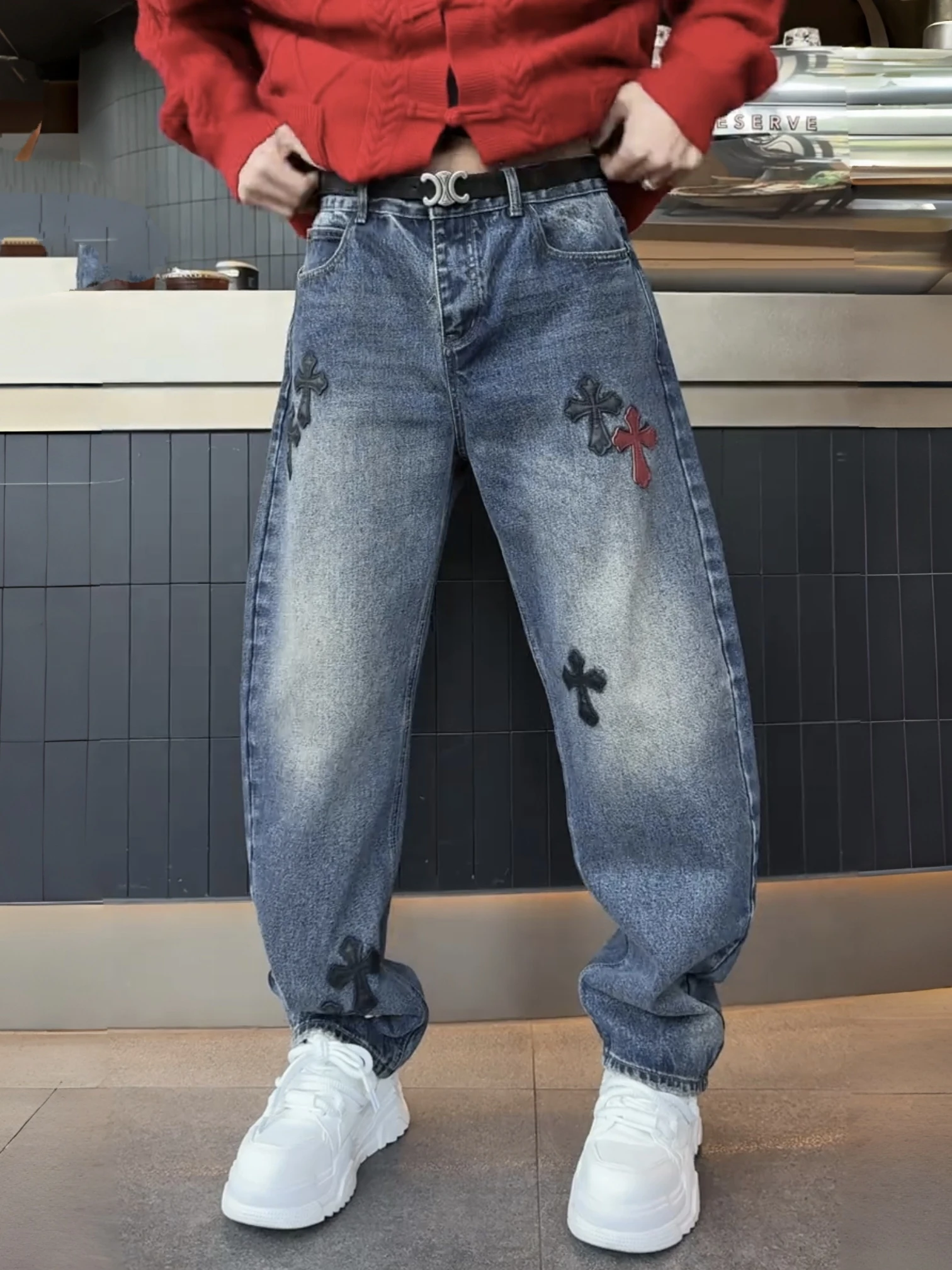 

Trendy Patchwork Embroidered Cross Flower Men's Jeans Straight Leg Casual Wear Resistant to Wear And Dirt Autumn Winter Sle