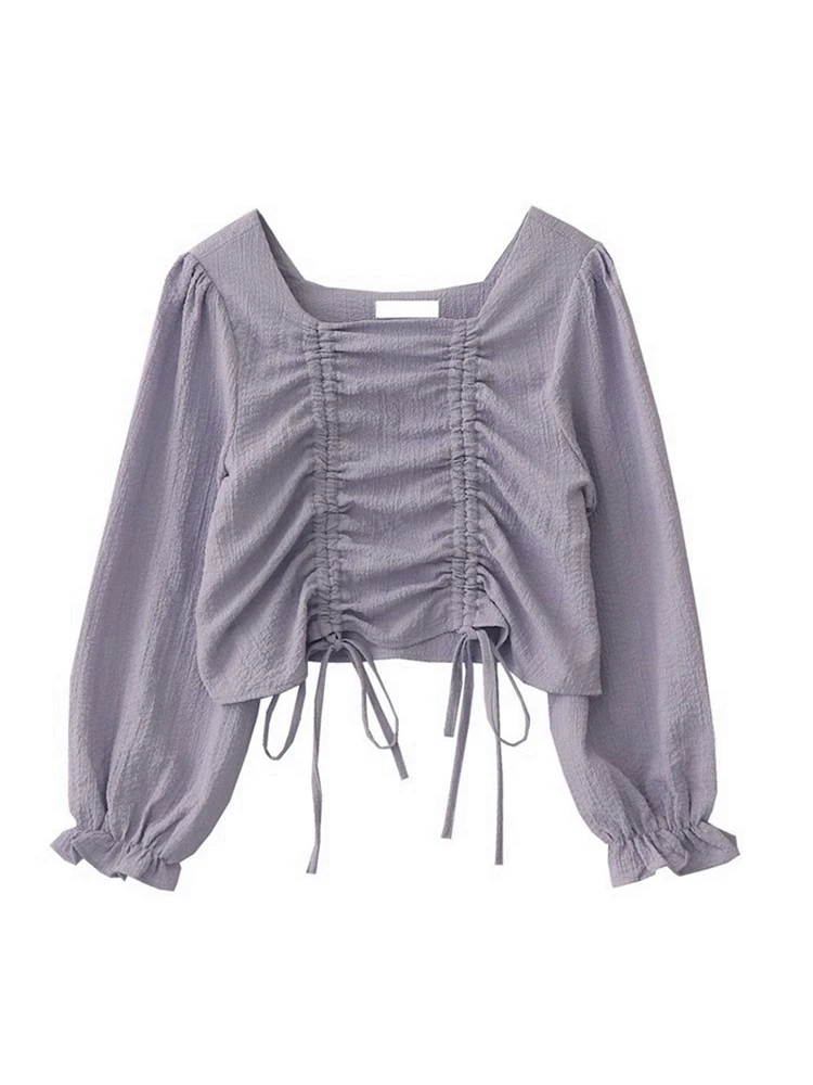 

Women Purple Square Collar Shirts and Blouses Y2k 90s Vintage Streetwear Harajuku 2000s Elegant Long Sleeve Shirt Clothes Summer