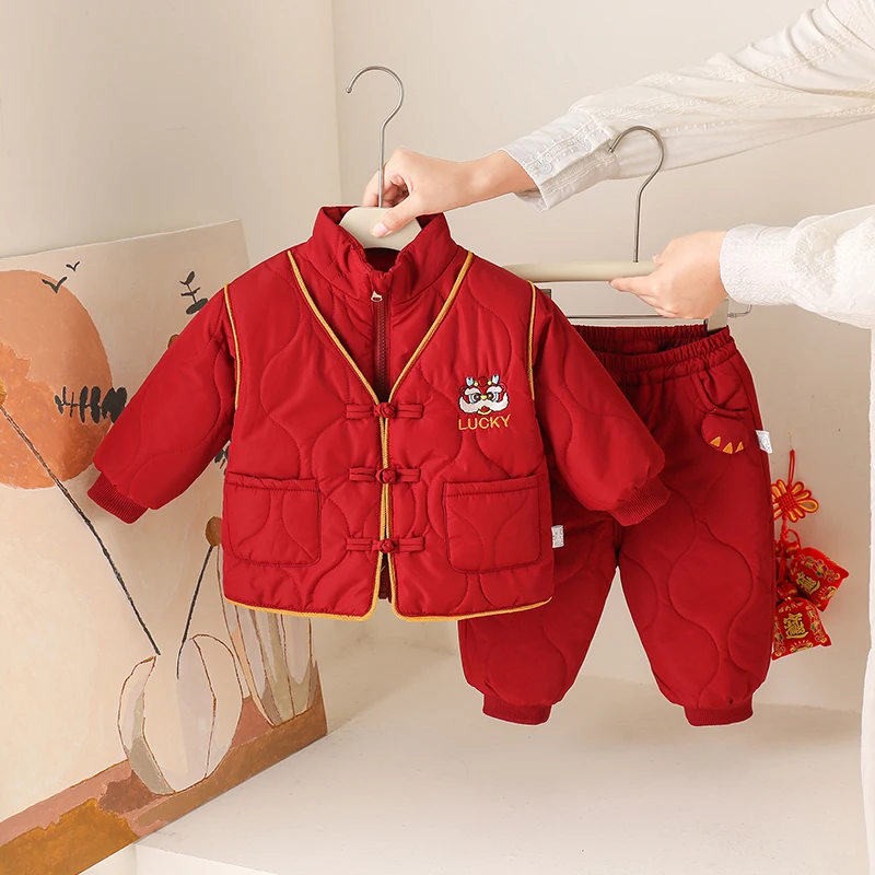 Zimowy zestaw dla niemowlaka, bawełniany, ocieplany polarem, na 00 dni, roczek, ubrania na Nowy Rok, ciepła odzież wierzchnia, dwuczęściowy komplet ex
