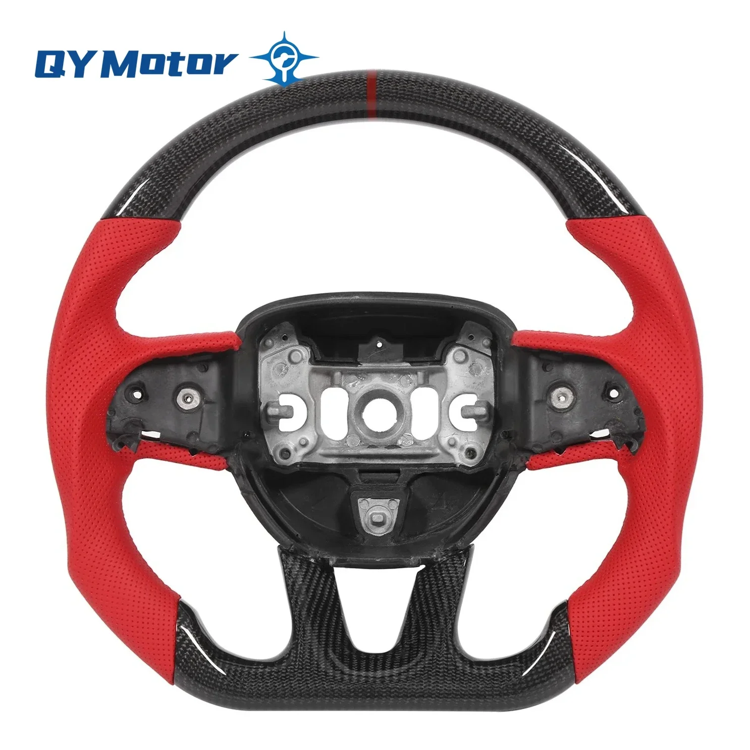 Real Carbon Fiber Steering Wheel Perforated Leather For Dodge Challenger Charger SRT HELLCAT 2015‑2022 Red Leather