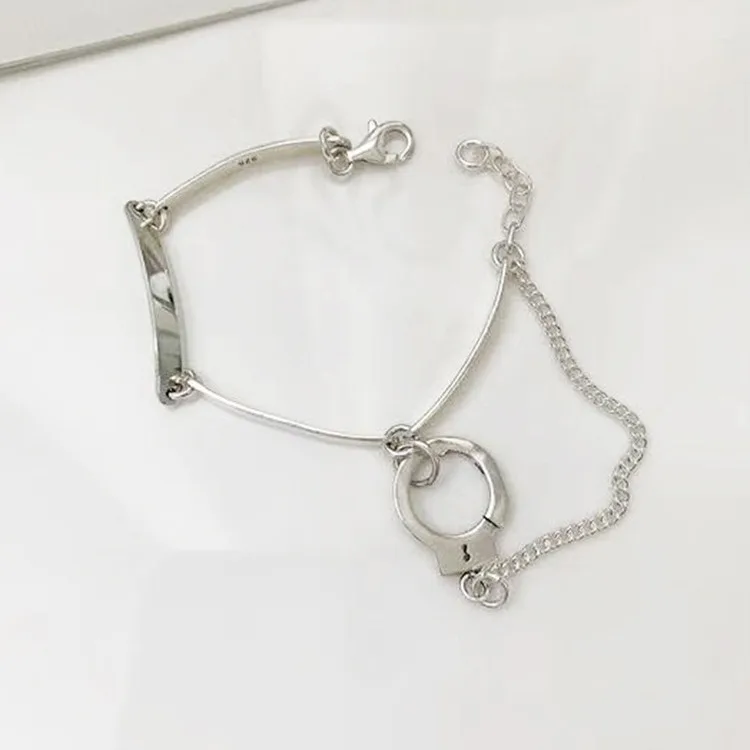 Silver Handcuffs Necklace 925 Silver Ladies Hip Hop Vintage Grooved Collar Collarbone Chain