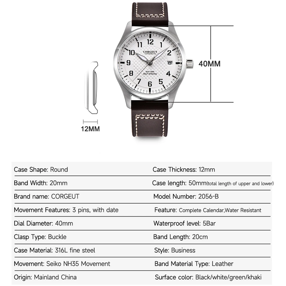 Corgeut 40 مللي متر القهوة الهاتفي ساعة رجالي أوتوماتيكية NH35 حركة PVD 316L SS مصقول مضيئة مقاوم للماء ساعة ميكانيكية الرجال