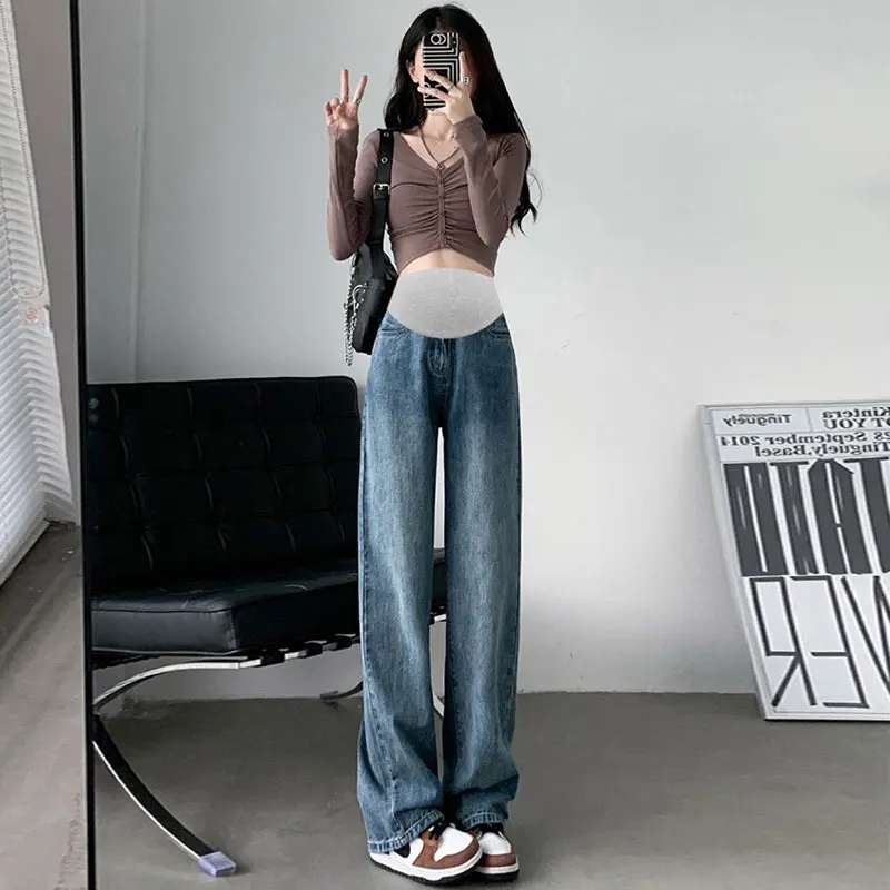 New Fashionable Loose Straight Legs High Waist Pregnant Women's Denim Pants Summer Plus Size Maternity Jeans Wide Legs Trousers