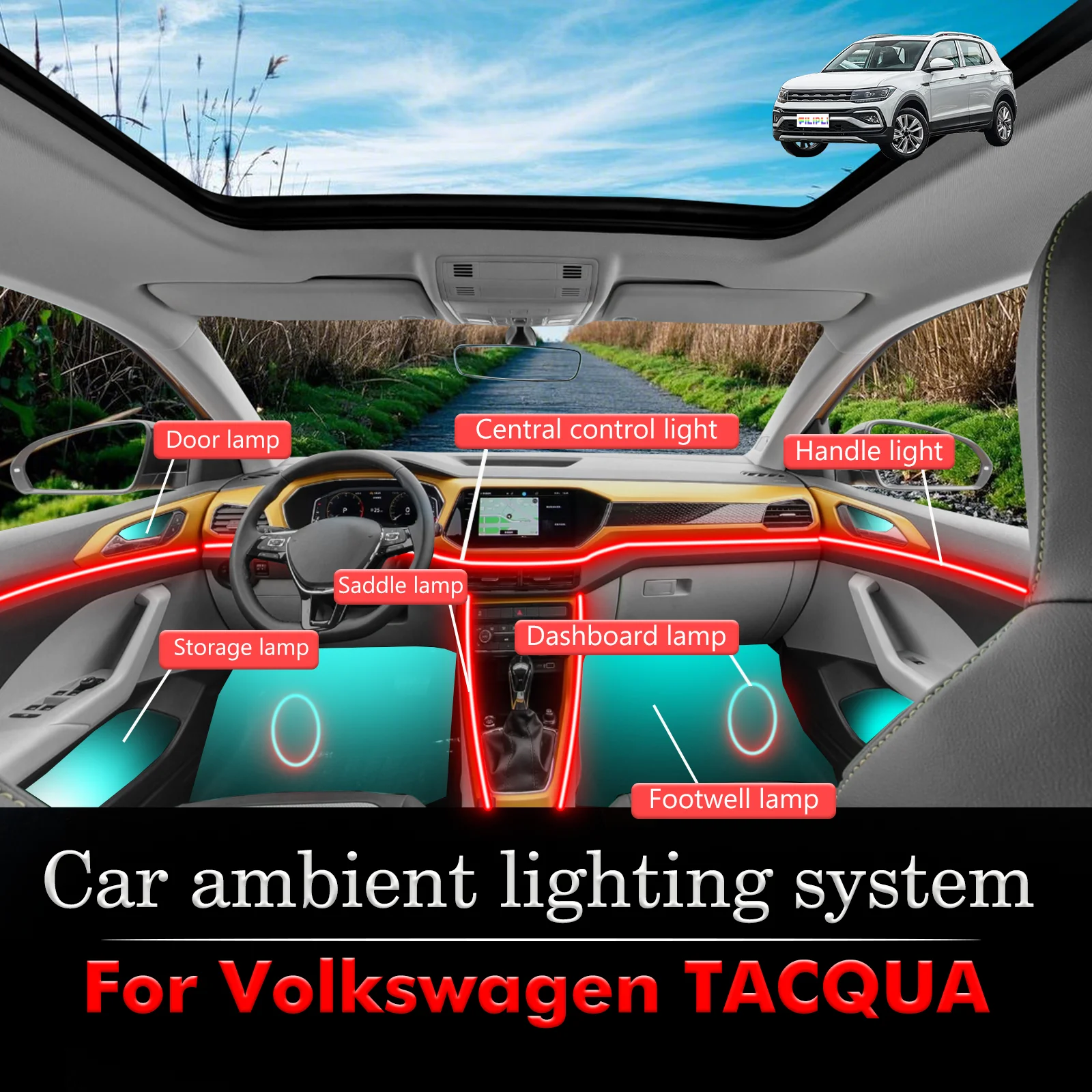 

For Volkswagen TACQUA Car Interior Decorative Ambient Light RGB 64-Color LED Smart Remote Control Energy Saving Efficient Set